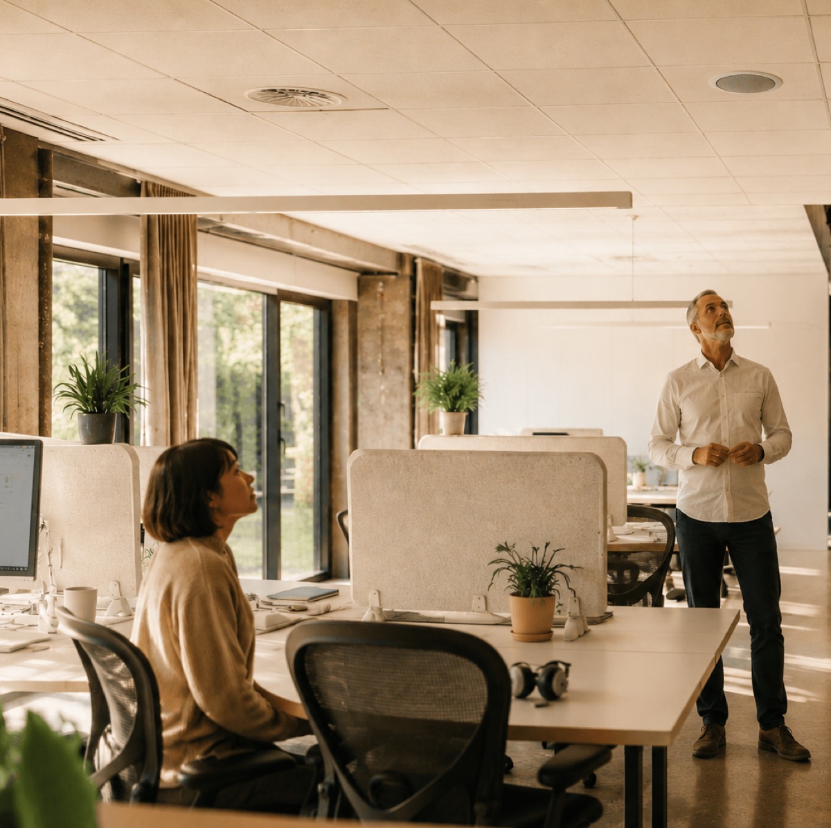 A workplace with ceiling speakers for overhead paging and alerts
