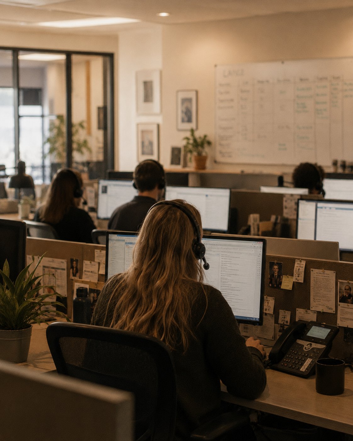 A row of agents on headsets at a warm, working call floor