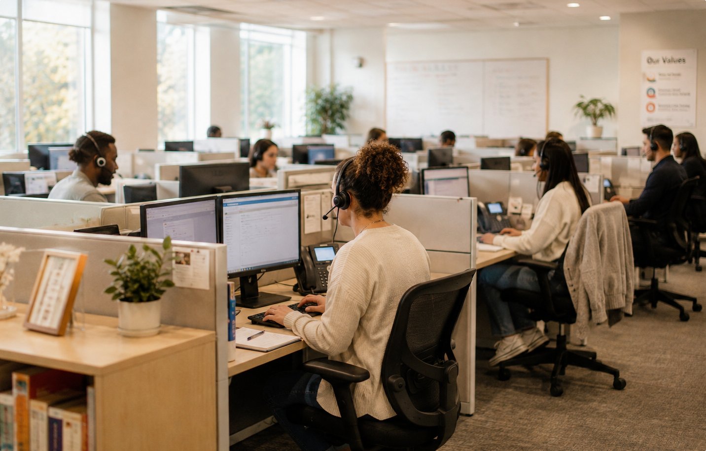 An agent on a headset at a call-center desk