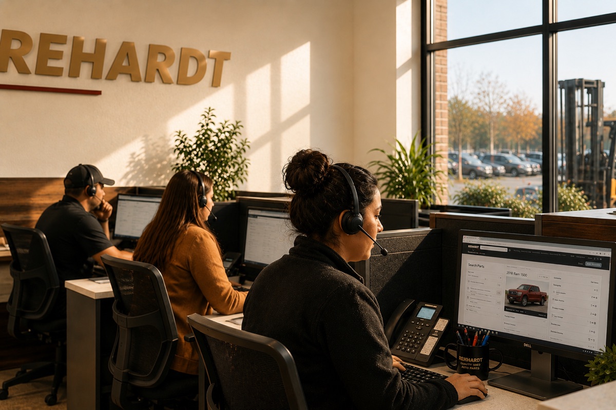 A team of agents on headsets working call queues at their desks, a parts-search system open on screen