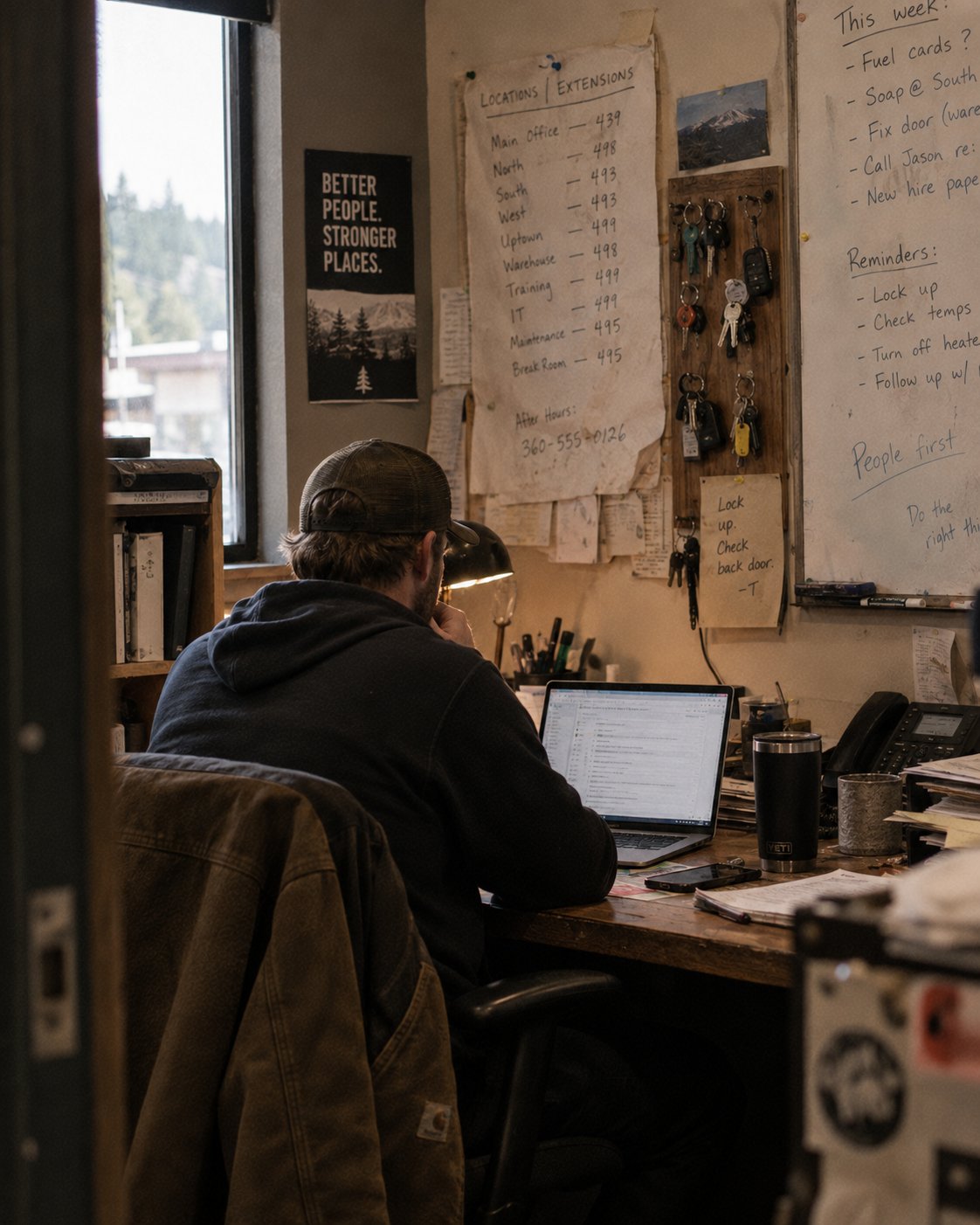A back-of-house manager's office with a locations-and-extensions sheet and site keys on the wall