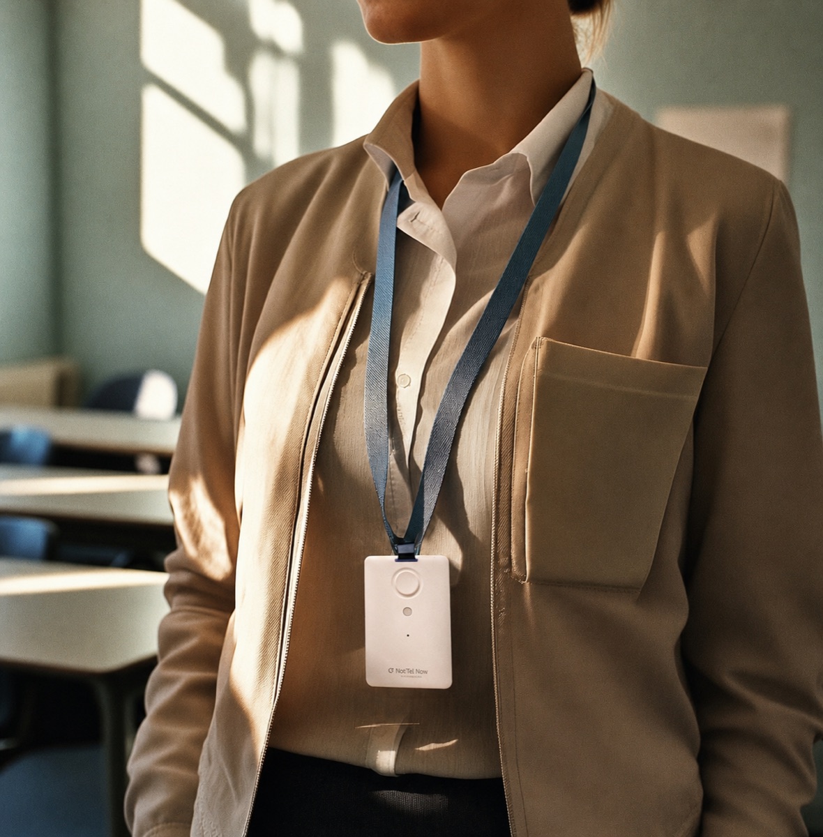 A staff member wearing a NocTel Now panic button on a lanyard in a classroom