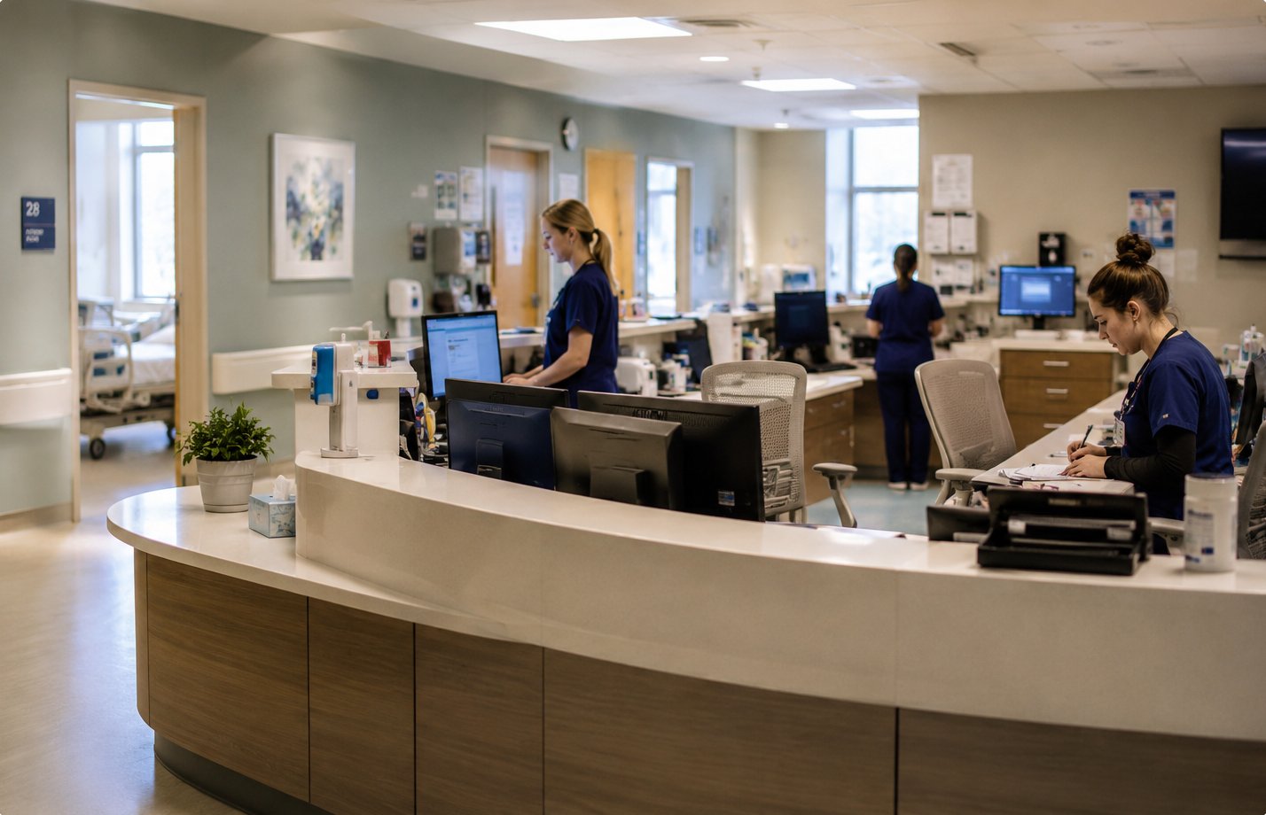 A nurses station mid-shift, phones and monitors in use