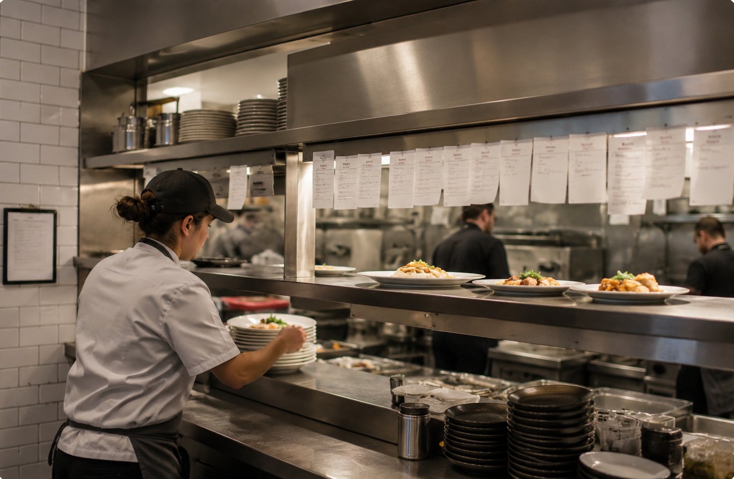 The pass in a working kitchen during service