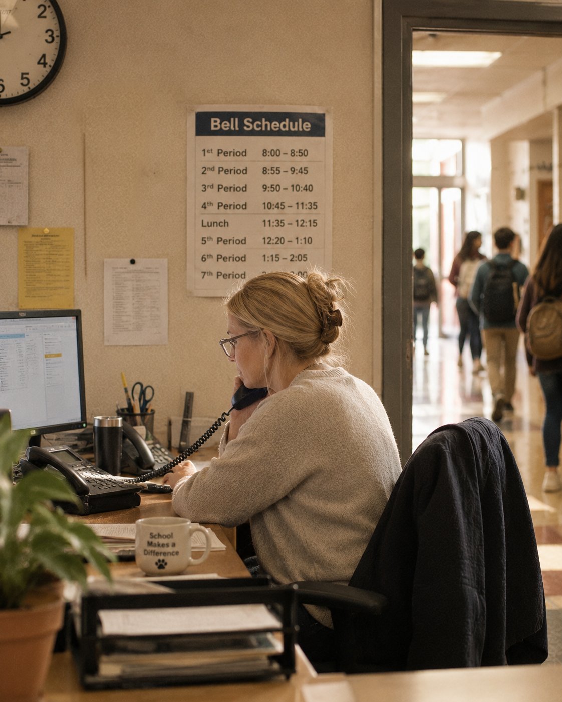 A school front office at mid-morning, the bell schedule on the wall and students passing in the hallway
