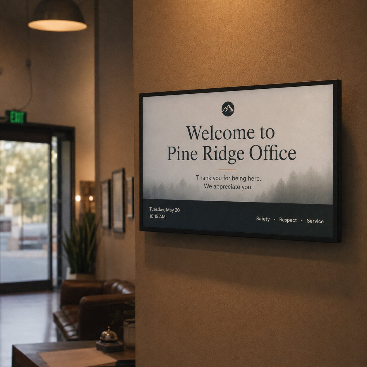 A welcome display mounted in a warm office lobby