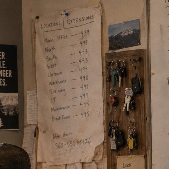 A hand-written locations and extensions sheet beside a board of site keys