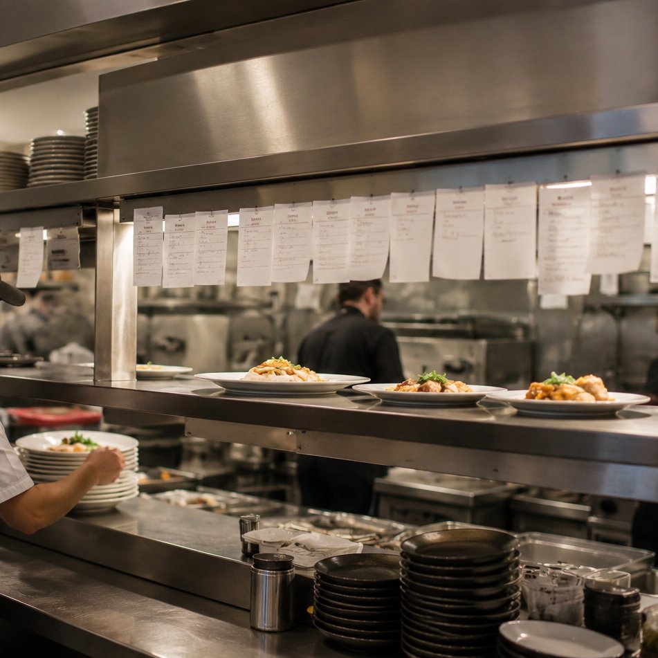 A kitchen pass window with tickets hanging and plates up