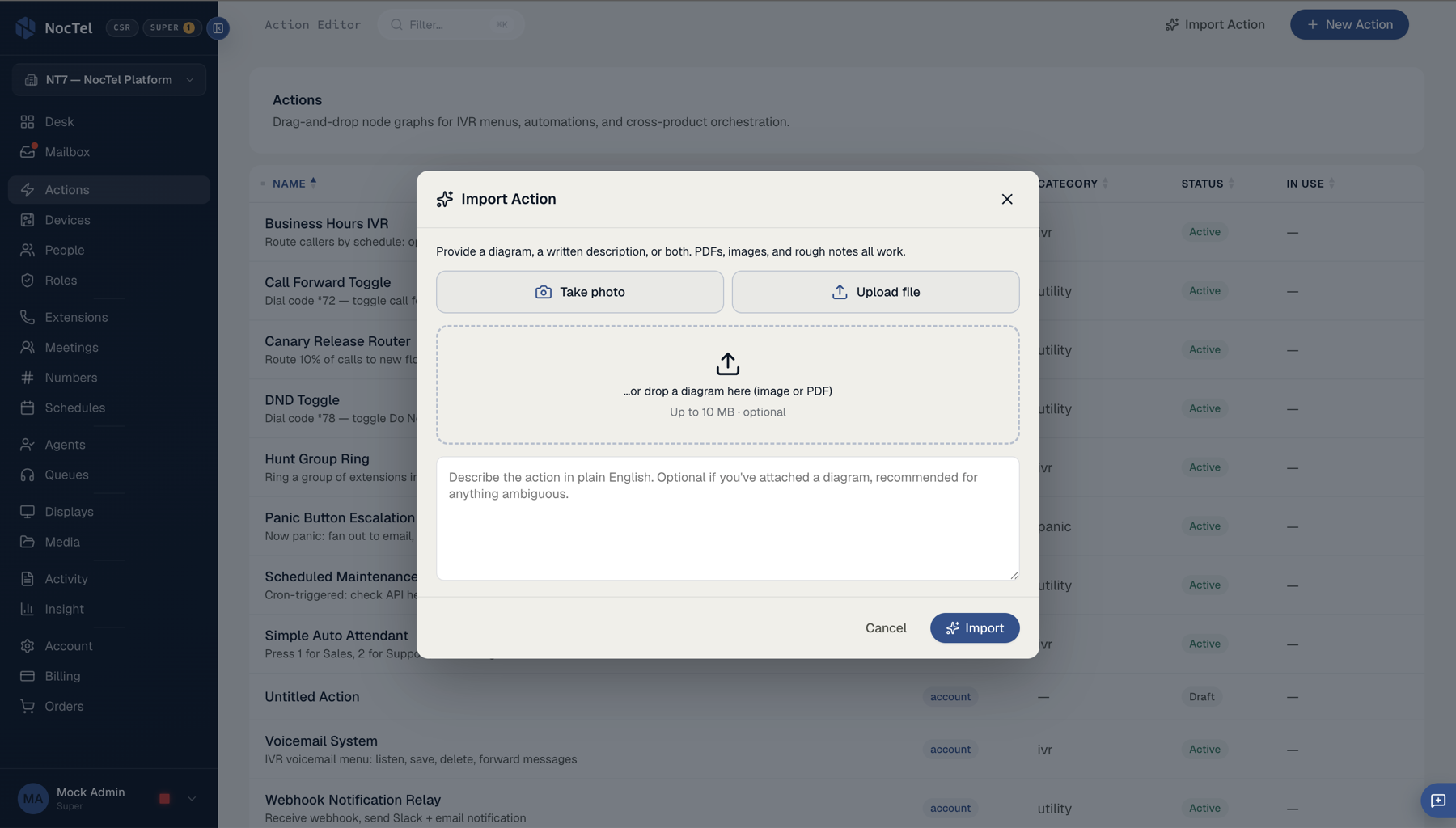 The Action Editor: importing a call flow from a sketch